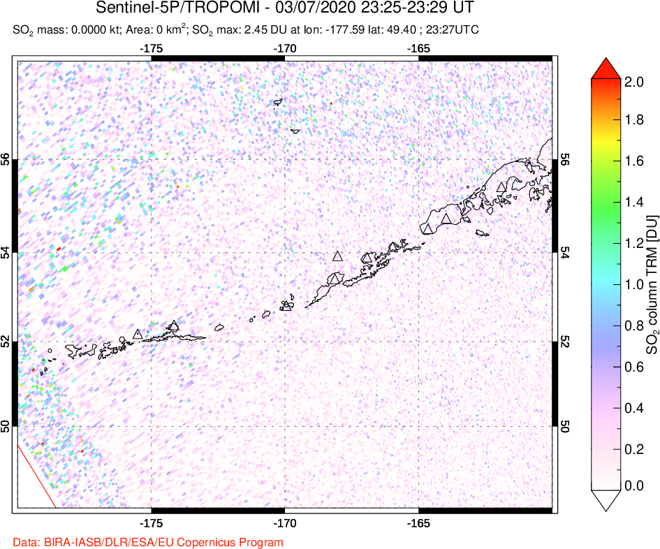 A sulfur dioxide image over Aleutian Islands, Alaska, USA on Mar 07, 2020.