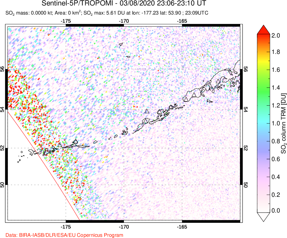 A sulfur dioxide image over Aleutian Islands, Alaska, USA on Mar 08, 2020.
