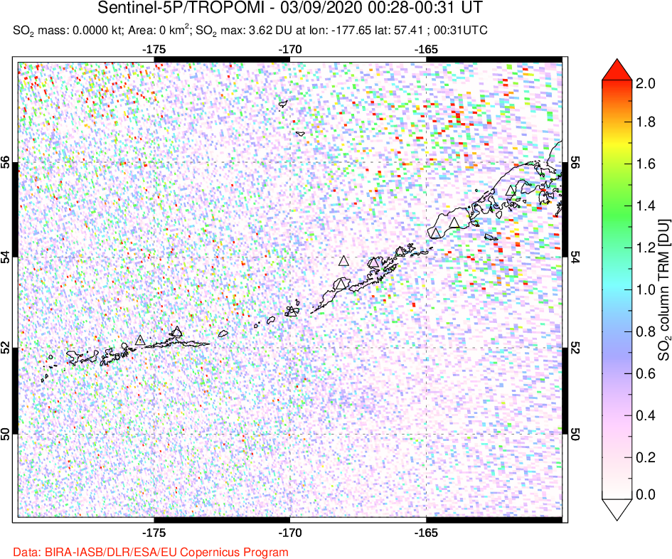 A sulfur dioxide image over Aleutian Islands, Alaska, USA on Mar 09, 2020.