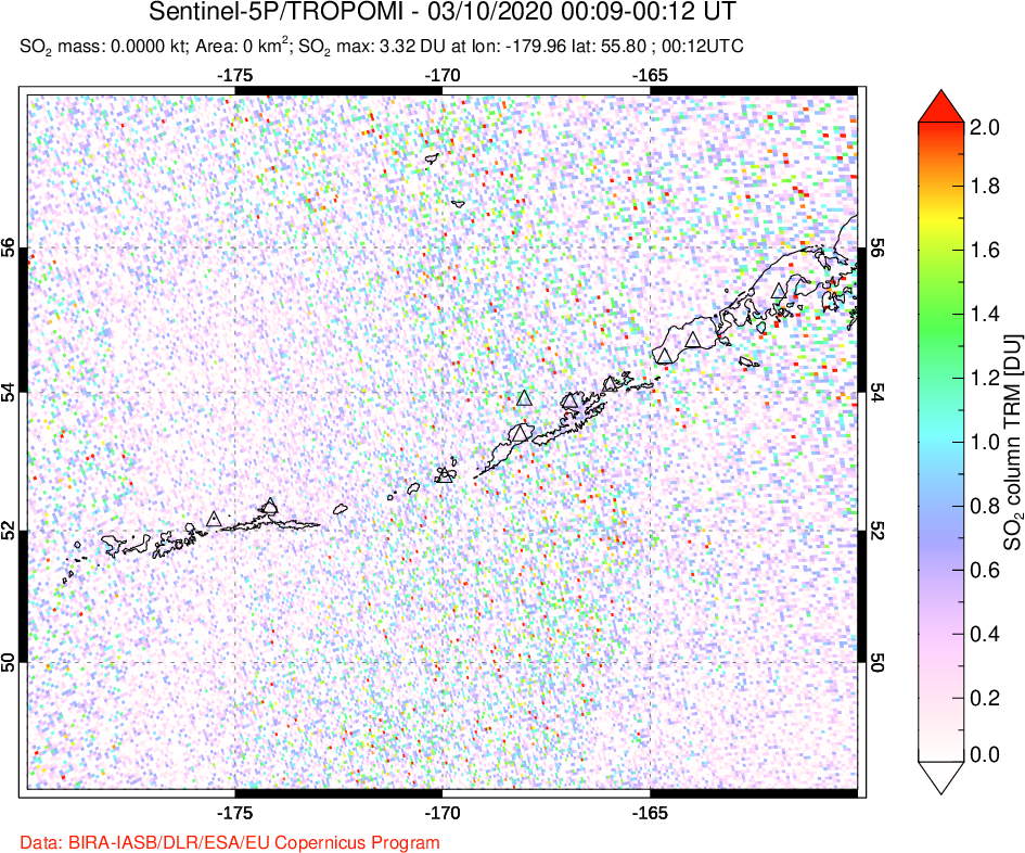 A sulfur dioxide image over Aleutian Islands, Alaska, USA on Mar 10, 2020.
