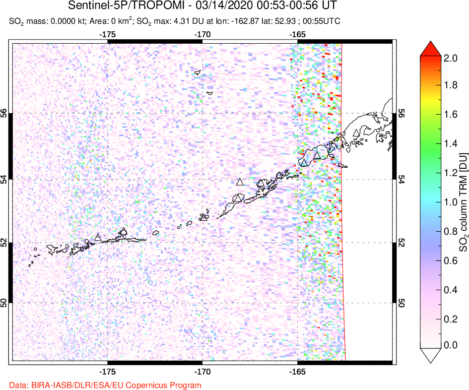 A sulfur dioxide image over Aleutian Islands, Alaska, USA on Mar 14, 2020.