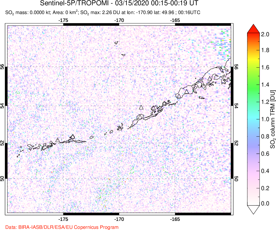 A sulfur dioxide image over Aleutian Islands, Alaska, USA on Mar 15, 2020.