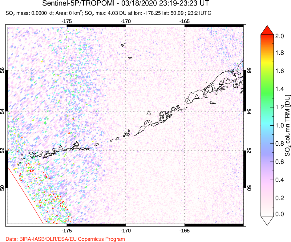 A sulfur dioxide image over Aleutian Islands, Alaska, USA on Mar 18, 2020.