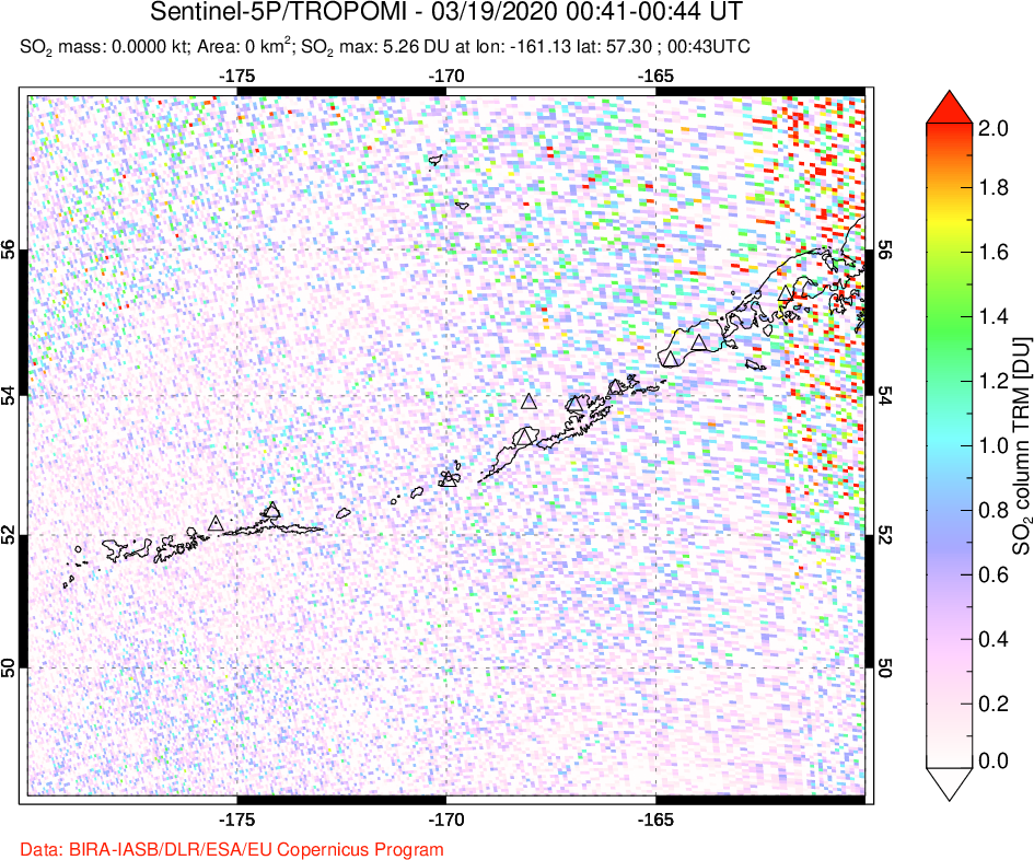 A sulfur dioxide image over Aleutian Islands, Alaska, USA on Mar 19, 2020.