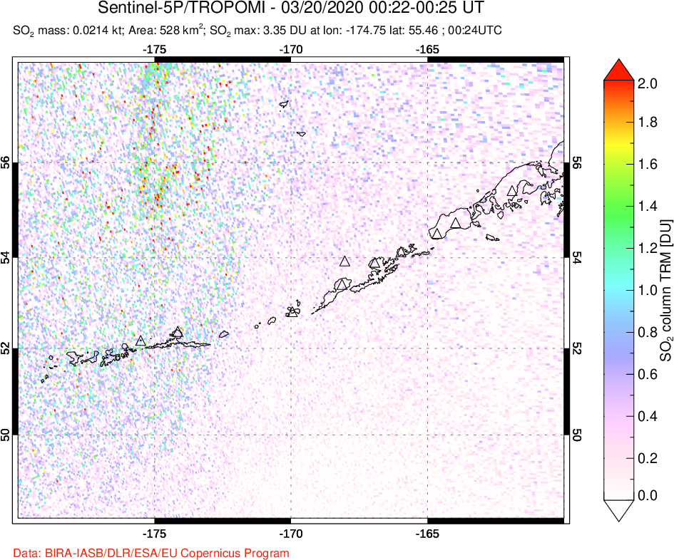 A sulfur dioxide image over Aleutian Islands, Alaska, USA on Mar 20, 2020.