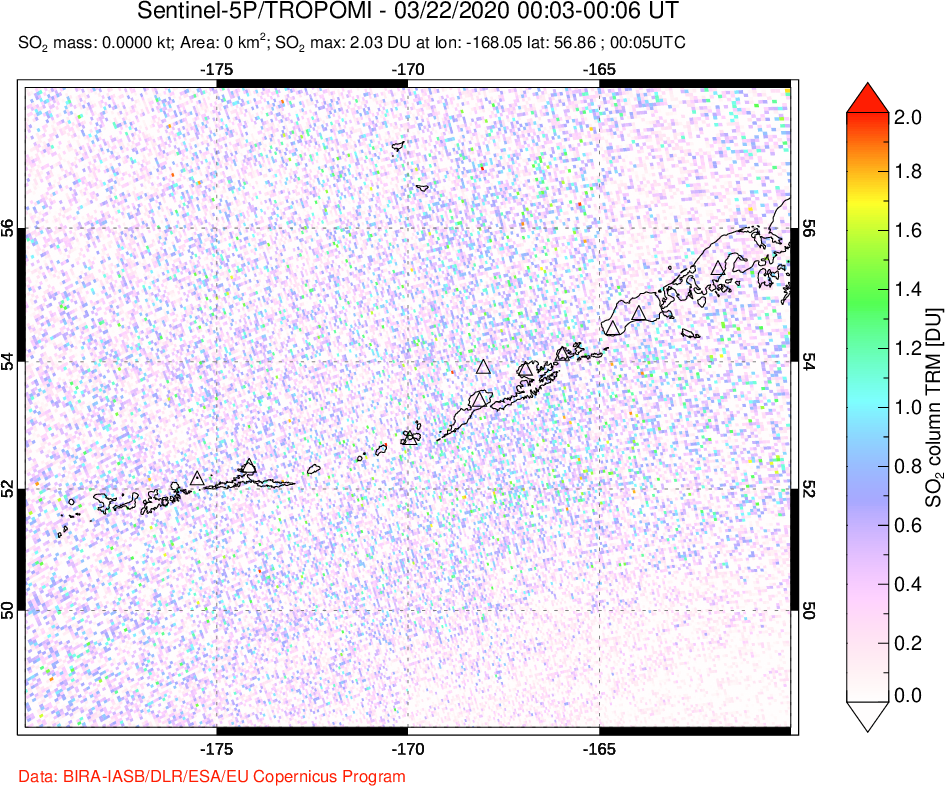 A sulfur dioxide image over Aleutian Islands, Alaska, USA on Mar 22, 2020.
