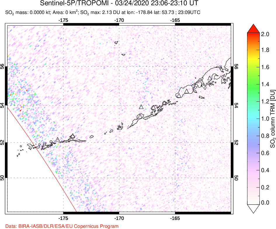 A sulfur dioxide image over Aleutian Islands, Alaska, USA on Mar 24, 2020.