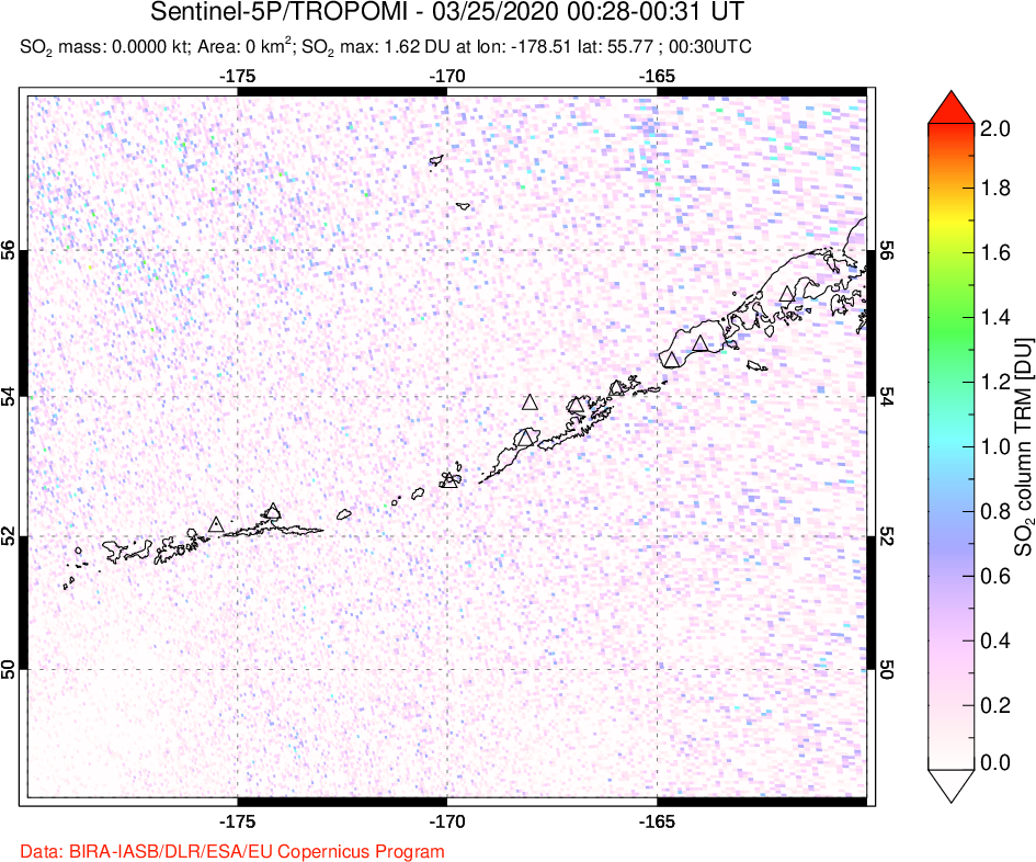 A sulfur dioxide image over Aleutian Islands, Alaska, USA on Mar 25, 2020.