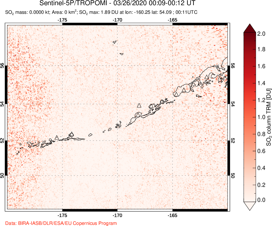 A sulfur dioxide image over Aleutian Islands, Alaska, USA on Mar 26, 2020.