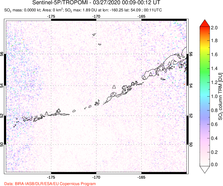 A sulfur dioxide image over Aleutian Islands, Alaska, USA on Mar 27, 2020.