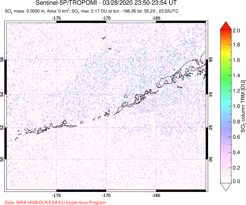A sulfur dioxide image over Aleutian Islands, Alaska, USA on Mar 28, 2020.