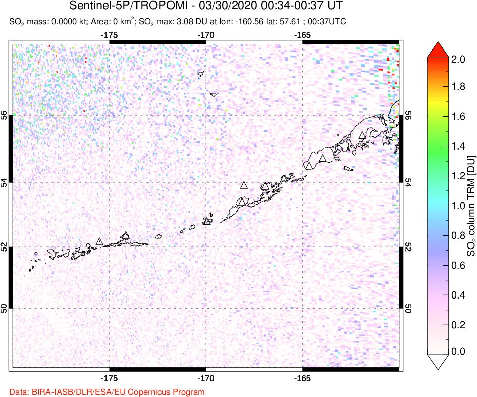 A sulfur dioxide image over Aleutian Islands, Alaska, USA on Mar 30, 2020.
