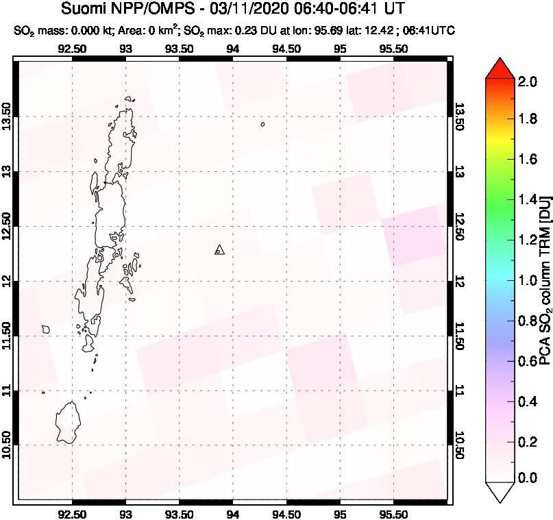 A sulfur dioxide image over Andaman Islands, Indian Ocean on Mar 11, 2020.