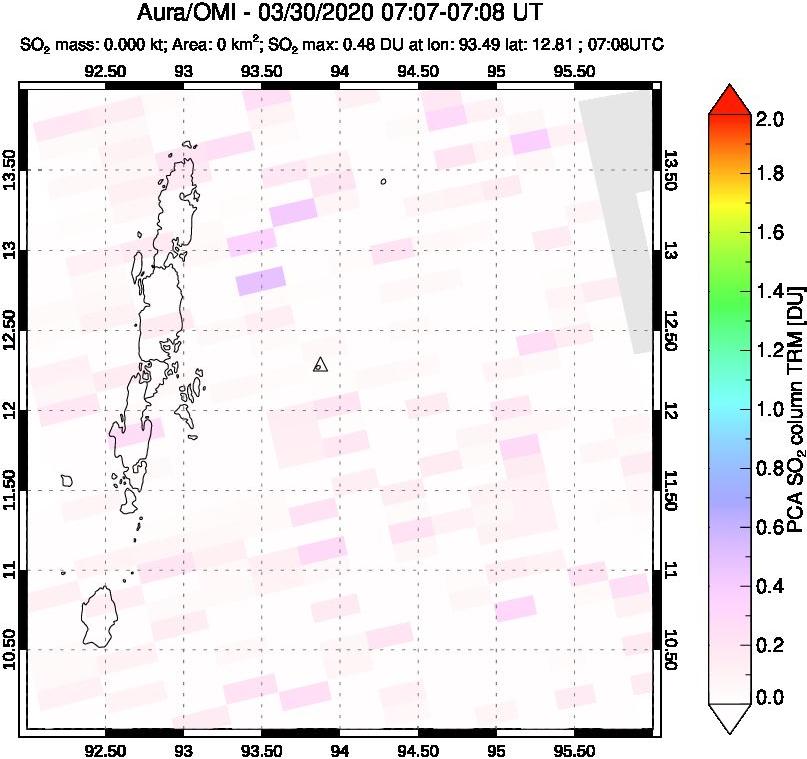 A sulfur dioxide image over Andaman Islands, Indian Ocean on Mar 30, 2020.