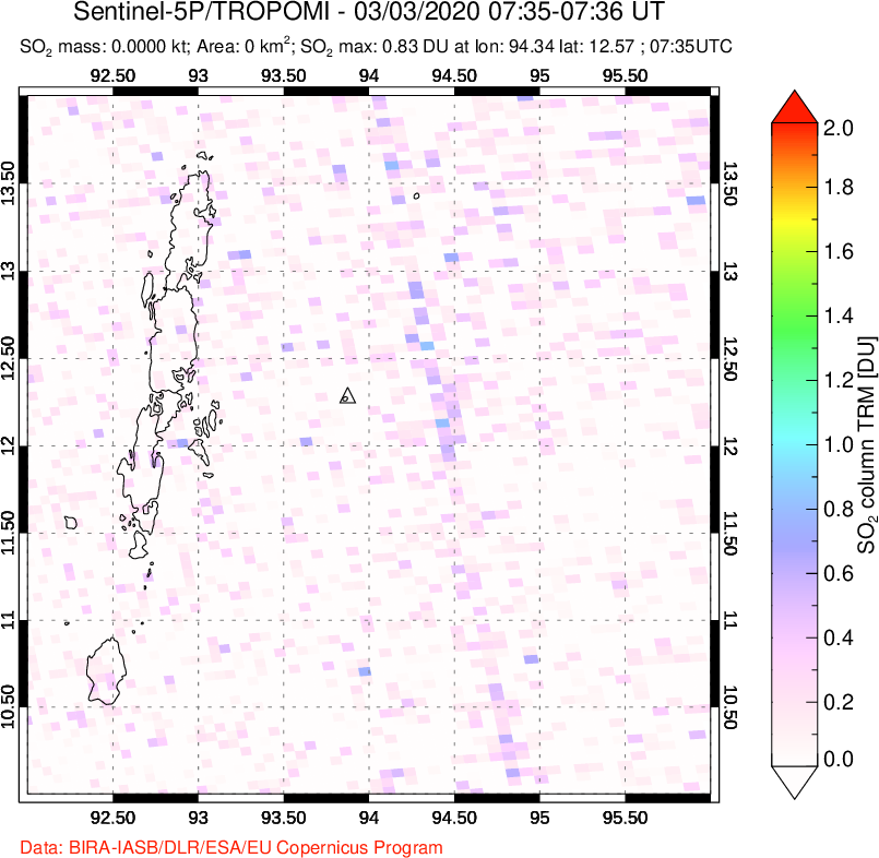 A sulfur dioxide image over Andaman Islands, Indian Ocean on Mar 03, 2020.