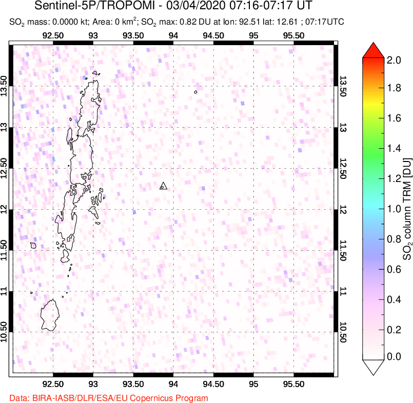 A sulfur dioxide image over Andaman Islands, Indian Ocean on Mar 04, 2020.