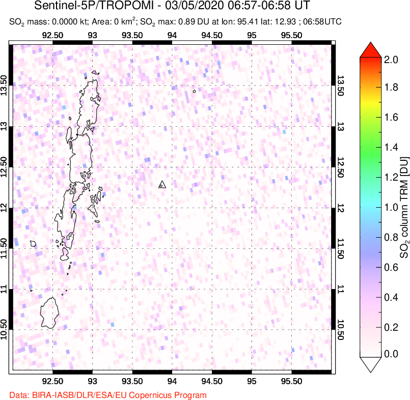 A sulfur dioxide image over Andaman Islands, Indian Ocean on Mar 05, 2020.