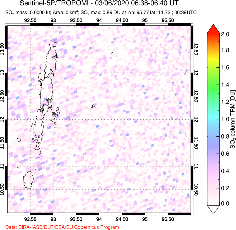 A sulfur dioxide image over Andaman Islands, Indian Ocean on Mar 06, 2020.