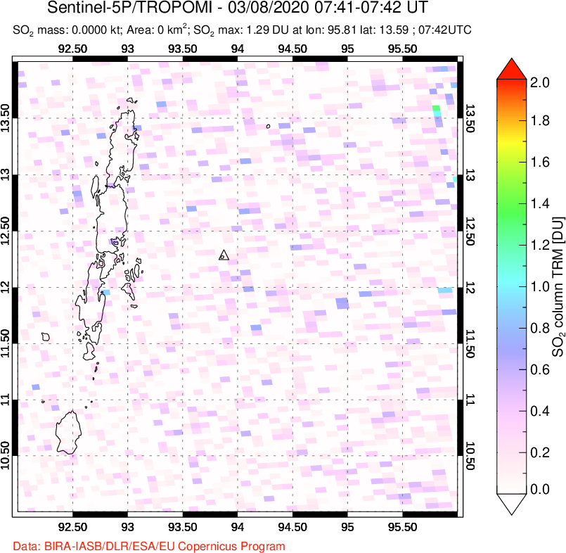 A sulfur dioxide image over Andaman Islands, Indian Ocean on Mar 08, 2020.