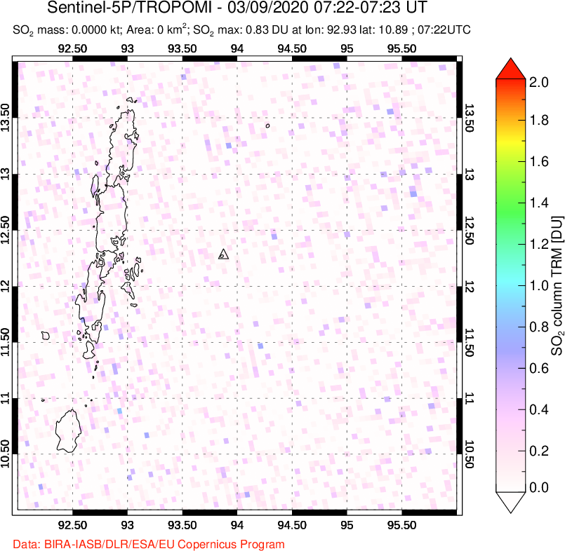 A sulfur dioxide image over Andaman Islands, Indian Ocean on Mar 09, 2020.