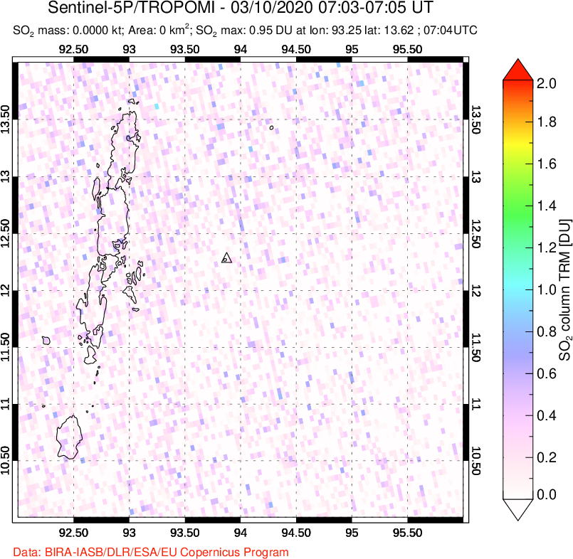 A sulfur dioxide image over Andaman Islands, Indian Ocean on Mar 10, 2020.