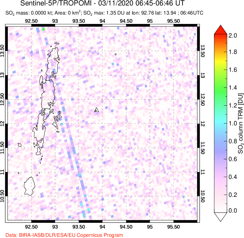 A sulfur dioxide image over Andaman Islands, Indian Ocean on Mar 11, 2020.