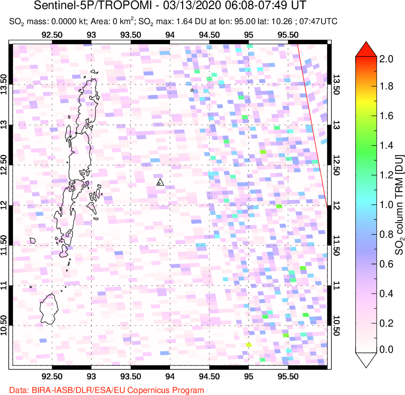 A sulfur dioxide image over Andaman Islands, Indian Ocean on Mar 13, 2020.