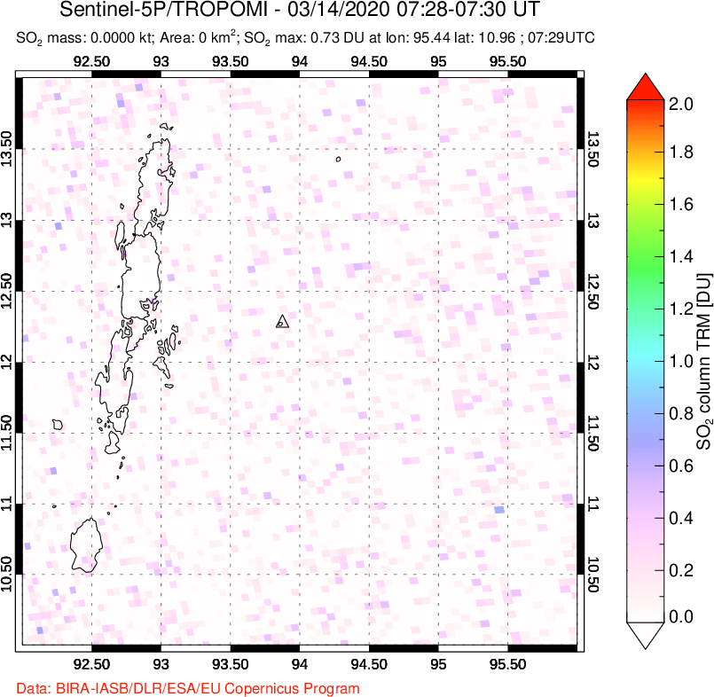 A sulfur dioxide image over Andaman Islands, Indian Ocean on Mar 14, 2020.
