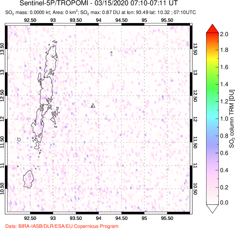 A sulfur dioxide image over Andaman Islands, Indian Ocean on Mar 15, 2020.
