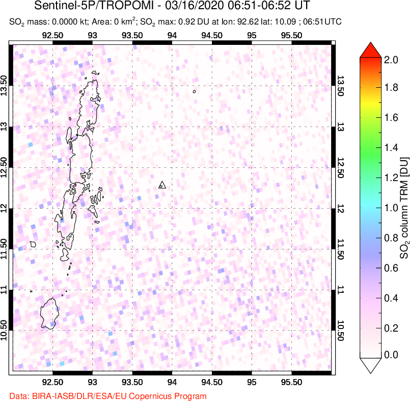 A sulfur dioxide image over Andaman Islands, Indian Ocean on Mar 16, 2020.