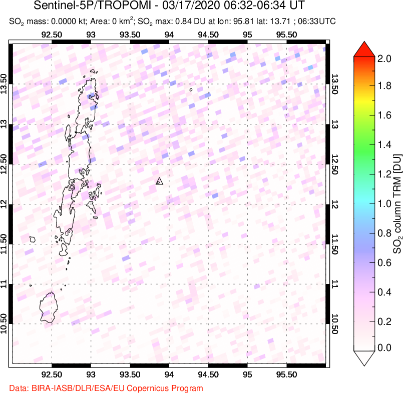A sulfur dioxide image over Andaman Islands, Indian Ocean on Mar 17, 2020.