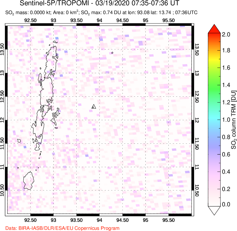 A sulfur dioxide image over Andaman Islands, Indian Ocean on Mar 19, 2020.