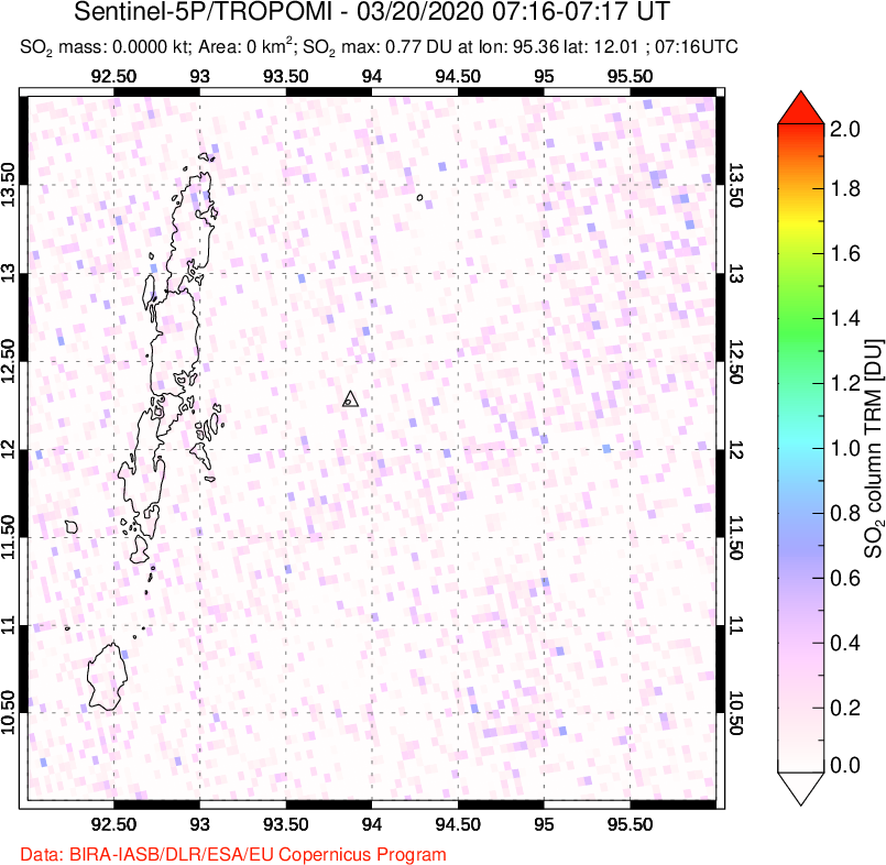 A sulfur dioxide image over Andaman Islands, Indian Ocean on Mar 20, 2020.