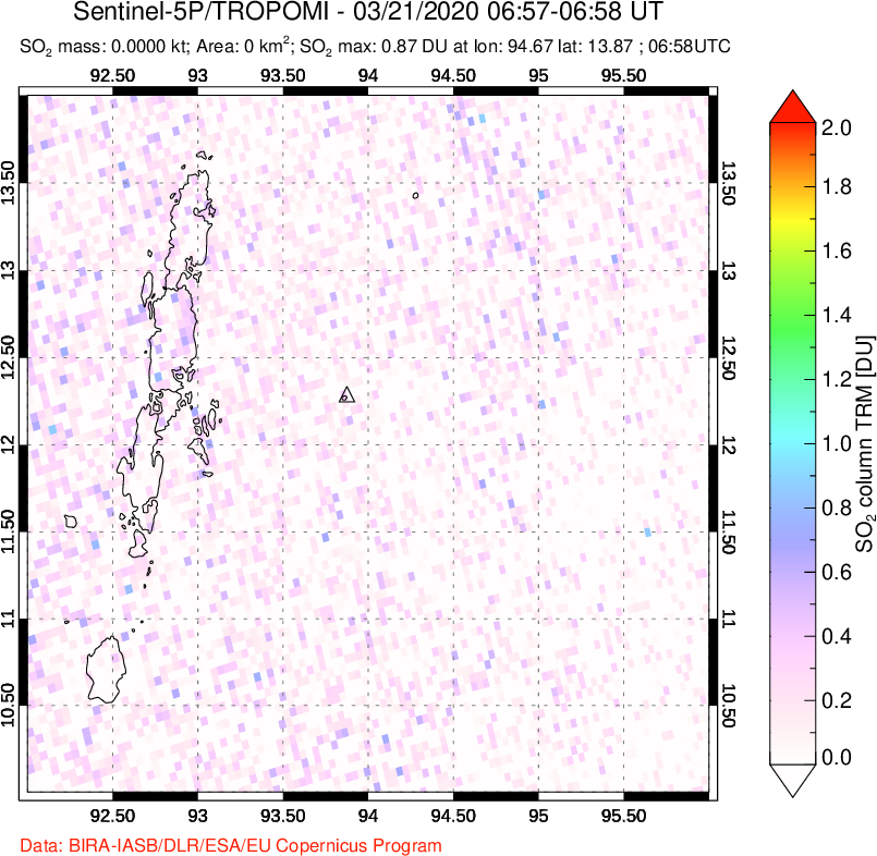 A sulfur dioxide image over Andaman Islands, Indian Ocean on Mar 21, 2020.