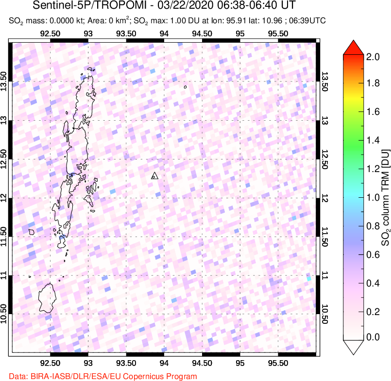 A sulfur dioxide image over Andaman Islands, Indian Ocean on Mar 22, 2020.
