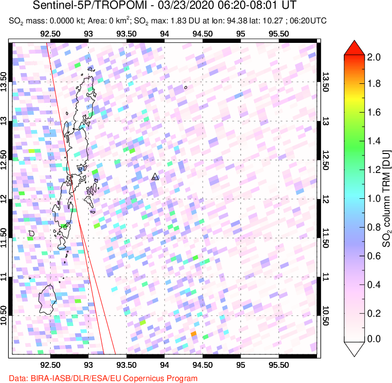 A sulfur dioxide image over Andaman Islands, Indian Ocean on Mar 23, 2020.