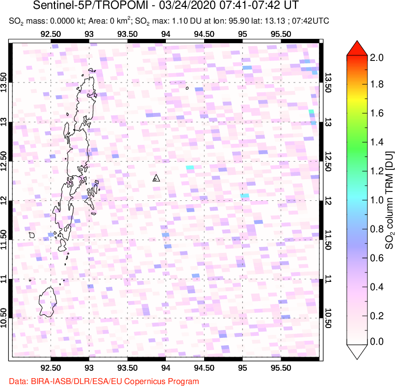 A sulfur dioxide image over Andaman Islands, Indian Ocean on Mar 24, 2020.