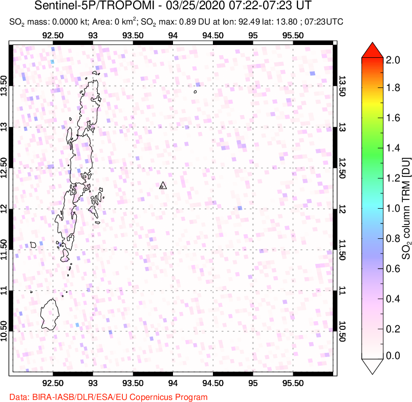 A sulfur dioxide image over Andaman Islands, Indian Ocean on Mar 25, 2020.
