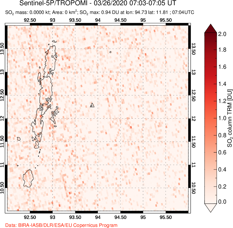 A sulfur dioxide image over Andaman Islands, Indian Ocean on Mar 26, 2020.