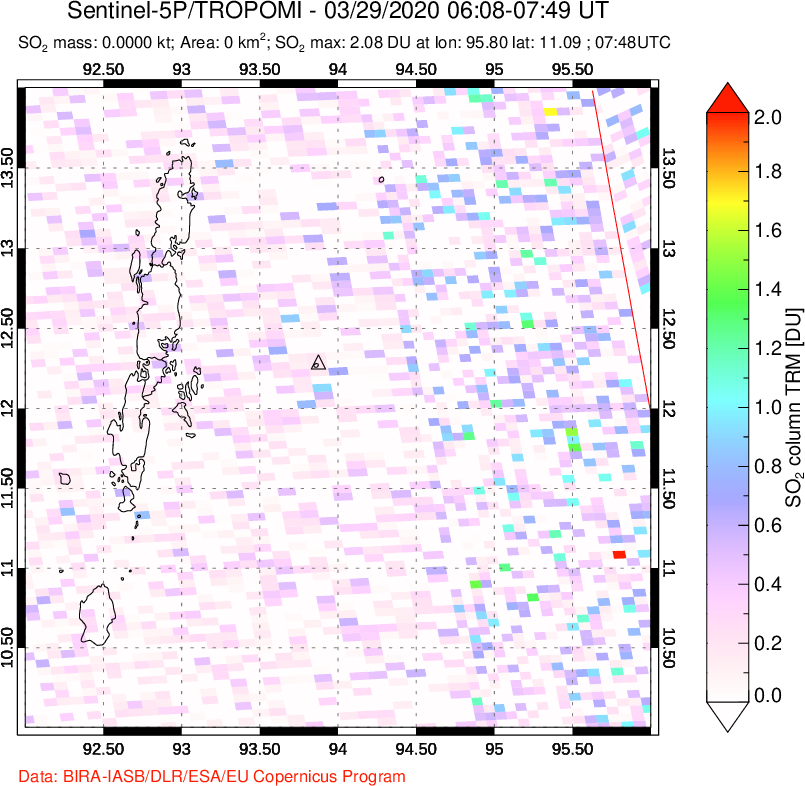 A sulfur dioxide image over Andaman Islands, Indian Ocean on Mar 29, 2020.