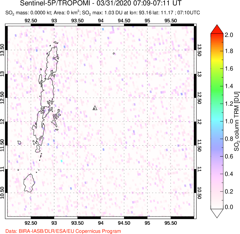 A sulfur dioxide image over Andaman Islands, Indian Ocean on Mar 31, 2020.