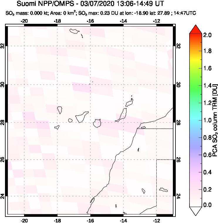 A sulfur dioxide image over Canary Islands on Mar 07, 2020.