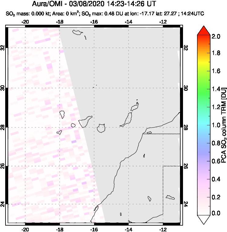 A sulfur dioxide image over Canary Islands on Mar 08, 2020.