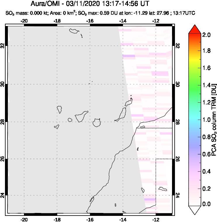 A sulfur dioxide image over Canary Islands on Mar 11, 2020.