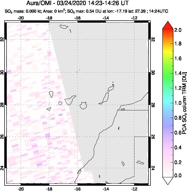 A sulfur dioxide image over Canary Islands on Mar 24, 2020.