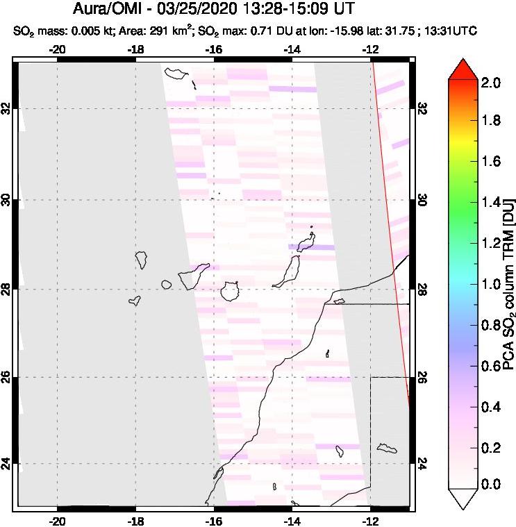 A sulfur dioxide image over Canary Islands on Mar 25, 2020.