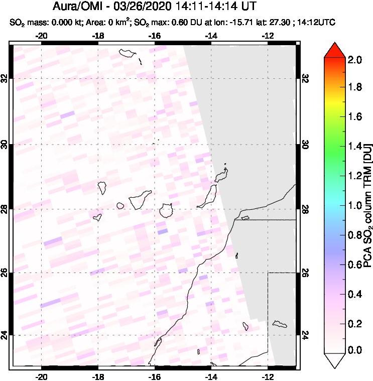 A sulfur dioxide image over Canary Islands on Mar 26, 2020.