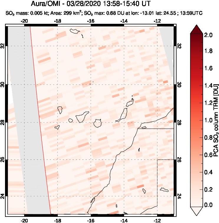 A sulfur dioxide image over Canary Islands on Mar 28, 2020.