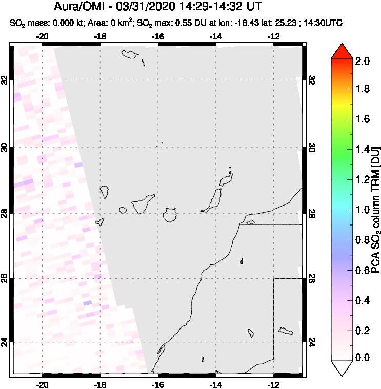 A sulfur dioxide image over Canary Islands on Mar 31, 2020.