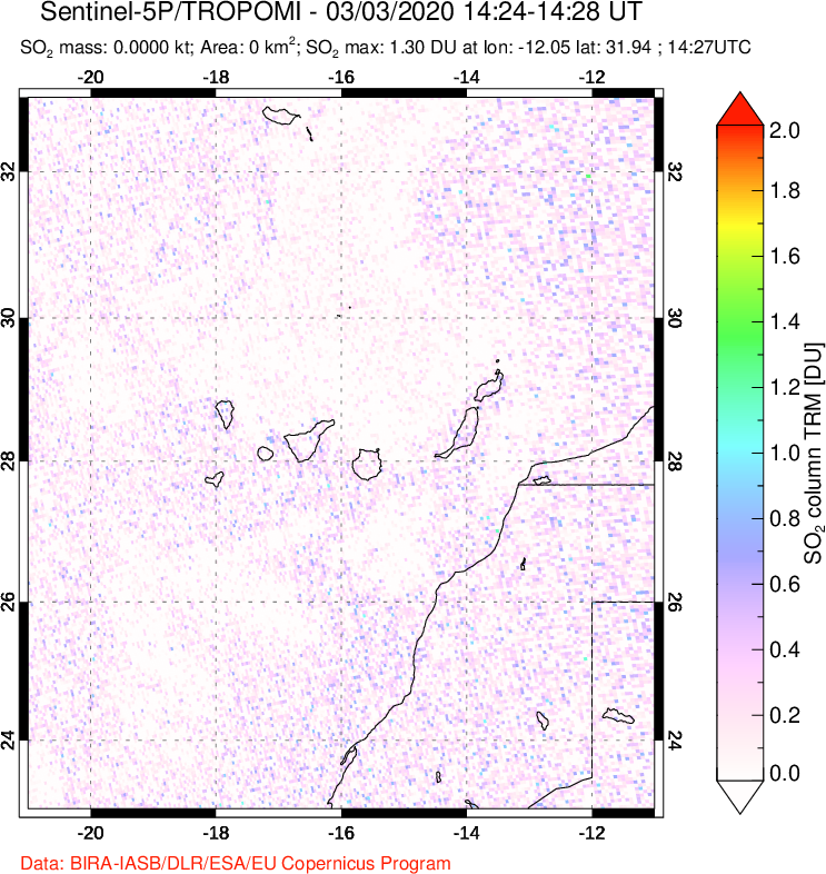 A sulfur dioxide image over Canary Islands on Mar 03, 2020.